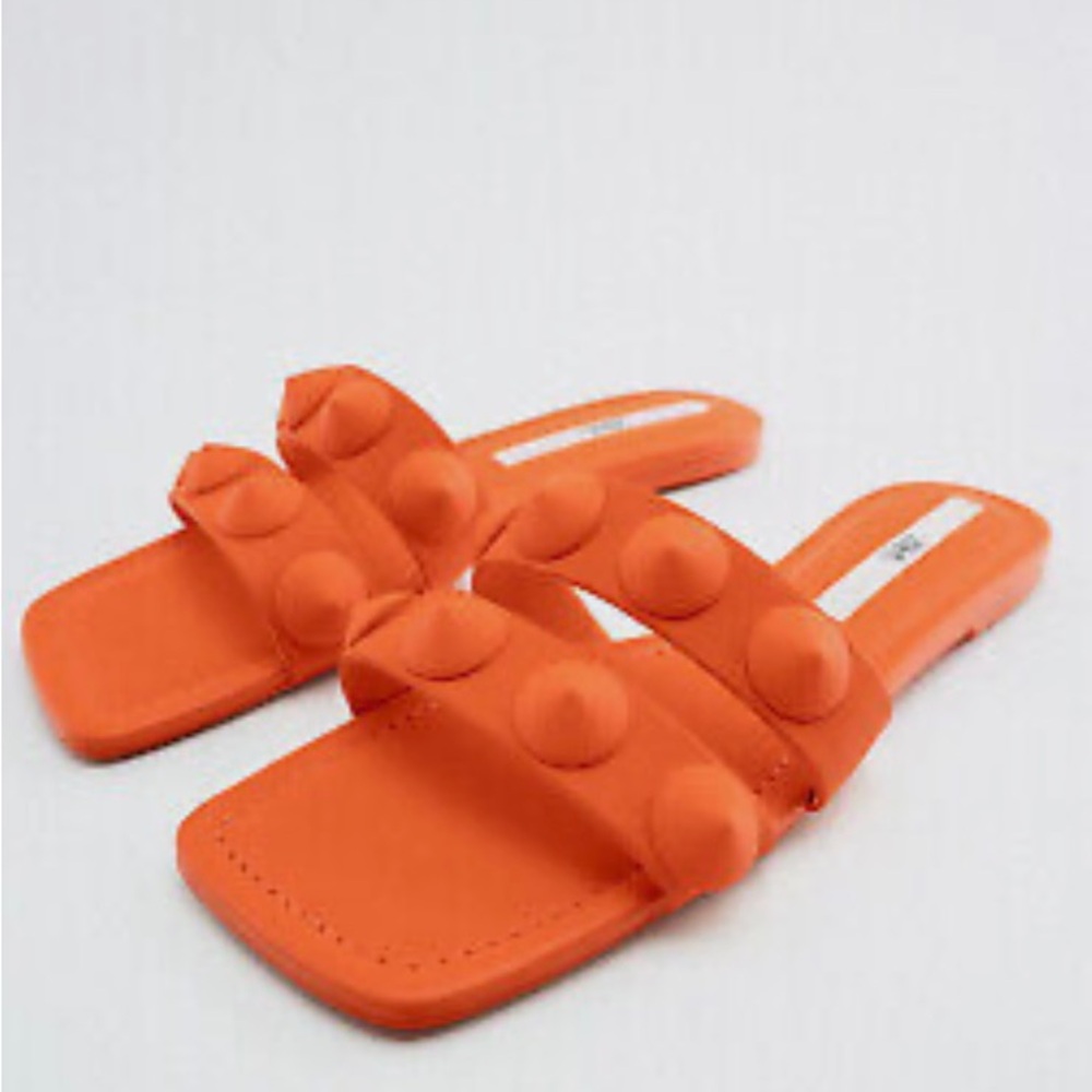 Zara Flat Rubberized Studded Sandals
Color: Orange * Size: 6.5 (37)